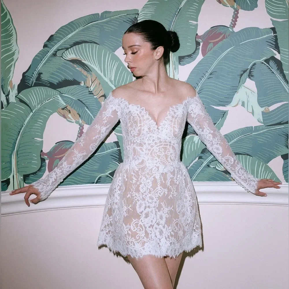 Alin LeKal Wedding Bridal Elegant White Lace Off-Shoulder Party Dress - Picture 5 of 15